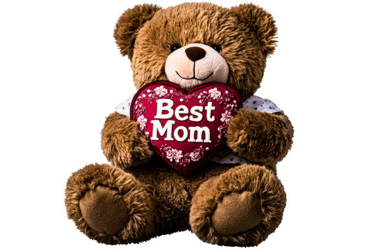 Teddy bear holding heart shaped gift for Mothers Day celebration