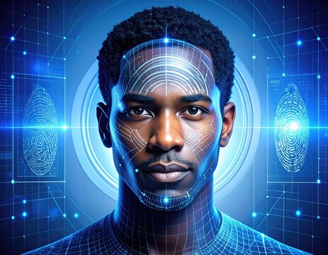 African American man with facial recognition technology overlay, showcasing biometric data analysis and digital security concepts in a futuristic environment with glowing elements