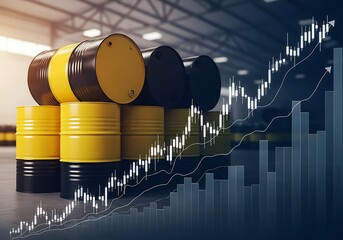 Oil barrels and rising market trends.