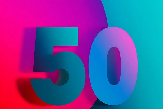 Vibrant 3D number fifty against a colorful gradient background, perfect for anniversaries, milestones, celebrations, and marketing campaigns