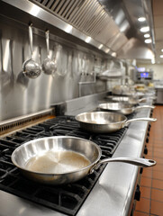 Stainless steel frying pans on a professional restaurant stove.