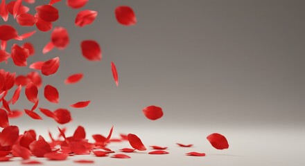 Falling red rose petals against soft gray background