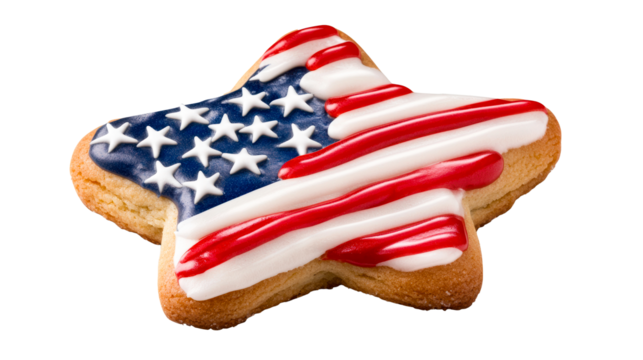 Star shaped cookie decorated with American flag colors and design