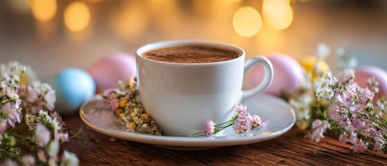 Fototapeta premium The cozy coffee cup surrounded by flowers and pastel eggs on a rustic table.