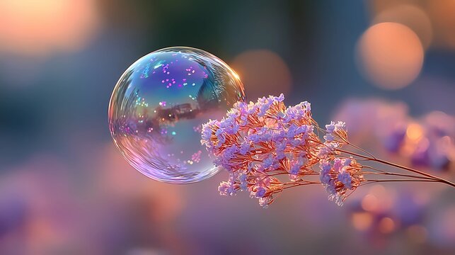 Twilight sky cradles a lone bubble as it floats gently, glowing with warmth and serenity.