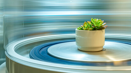Succulent plant in white pot on rotating platform, blending still life with dynamic motion blur, evoking a sense of vibrancy.