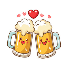 Two cartoon beer mugs with frothy tops and heart symbols, perfect for Oktoberfest-themed artwork