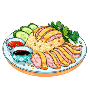 Classic SingaporeanMalaysian dish of poached chicken served over fragrant rice, with cucumber, cilantro, and dipping sauces. PNG on transparent background