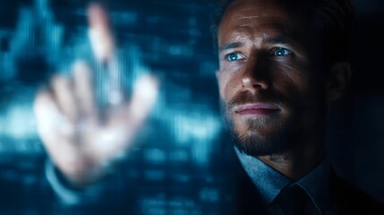 Businessman interacting with futuristic holographic financial data in an office setting