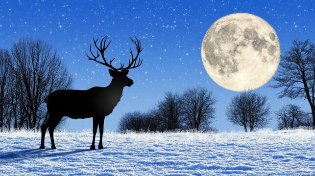 Elk silhouette in winter snow with full moon and falling snowflakes