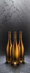 This image features three translucent golden bottles with screw caps, placed on a textured surface that resembles frosted glass or icy marble. The background has a cool-toned, cloudy gray texture, wit