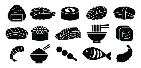 Japanese Food Pixel Icons Black And White Color, Ramen, Sushi, Fish, Roll, Teriyaki, Asian, Symbol Vector Design Illustrations