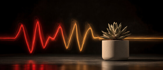 Succulent near glowing waveform. The juxtaposition of nature and technology creates a thought-provoking visual experience.