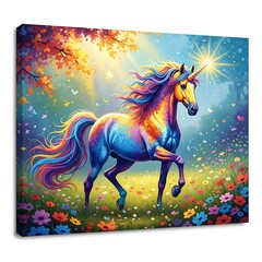 Colorful unicorn galloping through a meadow of wildflowers.