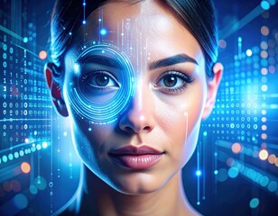 Female figure with futuristic digital interface overlay, showcasing advanced technology and data visualization, representing innovation and artificial intelligence in modern society