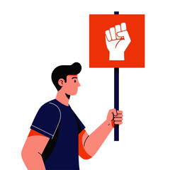 A businessman cartoon guy holds a red sign, symbolizing a concept of success and workCartoon business guy with a red sign, symbol of success and hard work