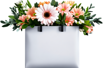 Bright flowers in a white shopping bag with a transparent background