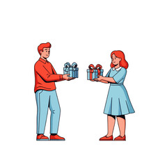 A man and woman exchange gifts, smiling,  presenting wrapped presents to each other.