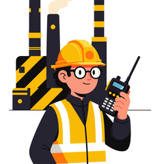 Factory worker using a walkie-talkie, industrial setting, safety gear.