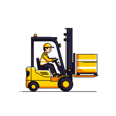 Illustration of a worker operating a yellow forklift, transporting a box.