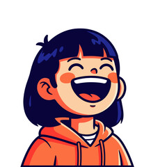 Cartoon illustration of a young girl with dark hair, smiling and laughing, wearing an orange hooded sweatshirt.