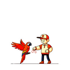 Cartoon illustration of a boy training a vibrant red macaw parrot with outstretched wings.