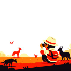Cartoon illustration of a person taking photos of animals in a field with a camera.