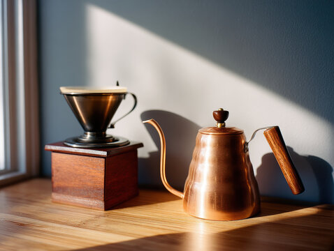 Food+and+beverage beautiful copper kettle and coffee dripper sit wooden surface, creating warm atmosphere perfect for enjoying food and beverage