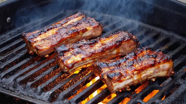 Juicy BBQ Ribs Sizzling on Hot Grill with Flames and Smoke