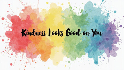 A vivid rainbow watercolor splash forms the backdrop to the heartwarming quote “Kindness Looks Good on You.”