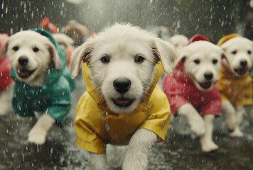 A group of chicken wearing colorful raincoats, running on the wet road with their paws raised to catch water droplets, in the style of photo