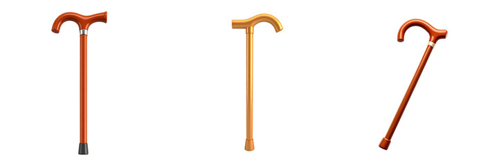 3D Plastic Style Walking Canes Isolated On Transparent Background With Diverse Wooden Structures and Classic Designs