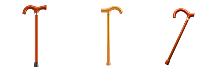 3D Plastic Style Walking Canes Isolated On Transparent Background With Diverse Wooden Structures and Classic Designs