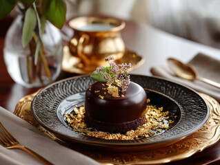 Food+and+beverage Decadent chocolate dessert garnished with delicate flowers and gold flakes, perfect for luxurious dining experience with food