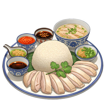 A colorful illustration of Thai-style Khao Man Gai (Hainanese chicken rice) with sliced chicken, fragrant rice, and fresh vegetables. PNG on transparent background