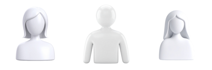 Three 3D Plastic Style Profile Icons against Transparent Background Representing Human Figures with Variations in Hair and Gender Depicting a Diverse Group