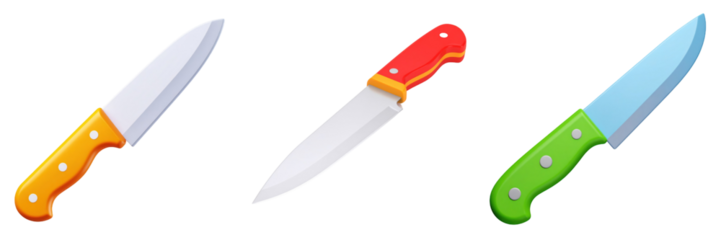 3D Plastic Style Illustration Of Three Colorful Kitchen Knives Isolated On Transparent Background Showing Different Handle And Blade Colors For Culinary Concepts