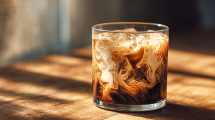 One Glass of Iced Coffee with Cream Stirring Inside Set on Polished Wooden Desk in Soft Ambient Light for Coffee Branding