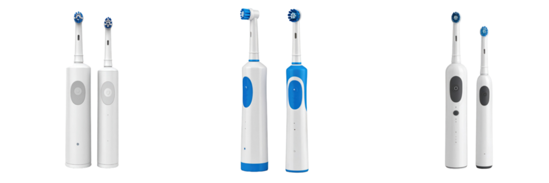 3D Plastic Style Electric Toothbrush Isolated On Transparent Background Featuring White and Blue Color Scheme