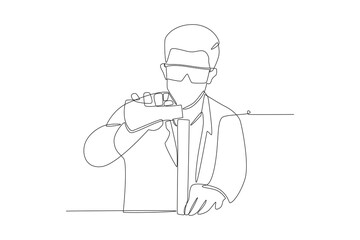 Male students make chemical solutions. Student working on science projects concept one-line drawing