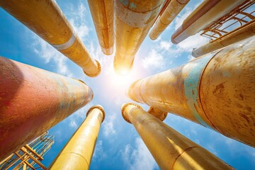 Industrial pipes reaching towards a bright sky