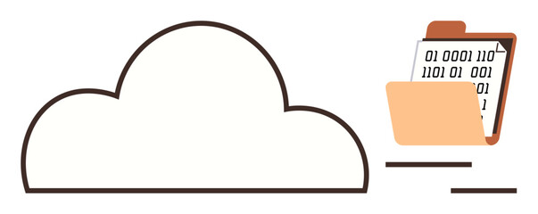 Bold cloud outline symbolizing cloud storage and data exchange with a folder containing binary code. Ideal for technology, data transfer, storage, cloud computing, digital security, information