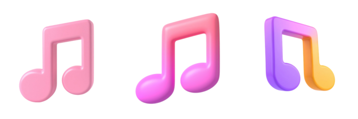 Three-Dimensional Plastic Style Musical Note Icons With Gradient Colors Against a Transparent Black Backdrop