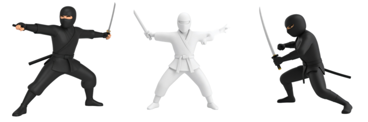 3D Plastic Style Ninja Silhouette Poses Black And White Figures With Swords Isolated On Transparent Background Representing Action And Combat