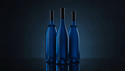 In this image, three dark blue glass bottles stand upright in a row against a deep, dark blue background, creating a bold and moody atmosphere. The bottles vary slightly in neck design, suggesting dif