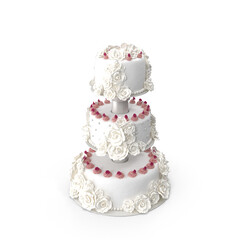 Three Tier White Wedding Cake Decorated with Roses Isolated on Transparent Background