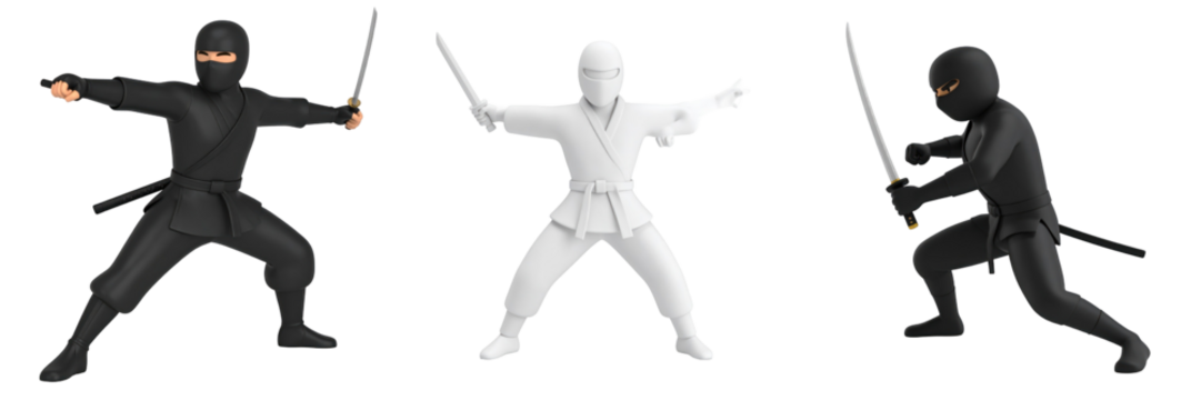 3D Plastic Style Ninja Silhouette Poses Black And White Figures With Swords Isolated On Transparent Background Representing Action And Combat - Powered by Adobe