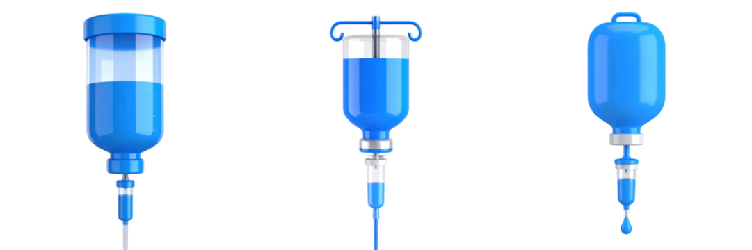 3D Plastic Style Medical Infusion Drips Against Transparent Background Displaying Blue Fluid within Bottles Representing Healthcare Treatment