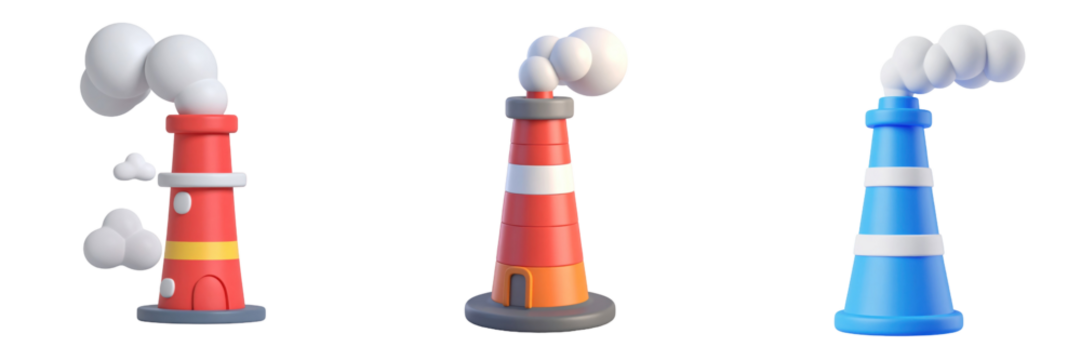 Three Dimensional Plastic Style Smokestacks With White Smoke Ejecting From Top With Red Blue And Orange Color Scheme Against Transparent Backdrop