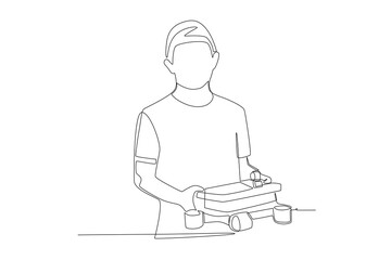 Male students build robot cars. Student working on science projects concept one-line drawing